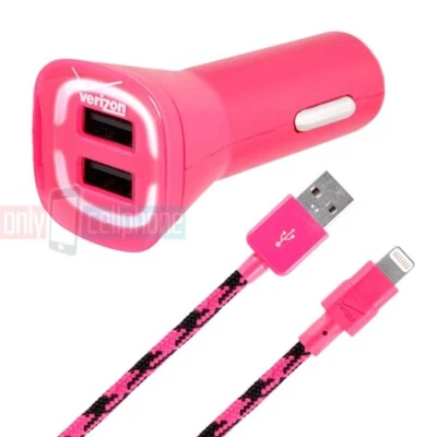 Verizon Pink Dual-USB Car Charger+Data Cable for iPhone 14/13/12/11 Max Pro - Image 1 of 4