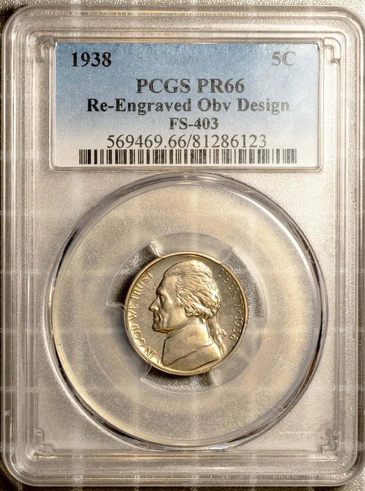 FS-403 1938 5c Jefferson Nickel PR 66 Re-Engraved PCGS # 81286123 + Bonus Tone - Image 1 of 2