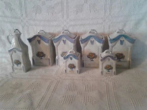 Antique 14 pc. German Lustre Ware White Block Canister Set Flour, Rice, Barley - Picture 1 of 12