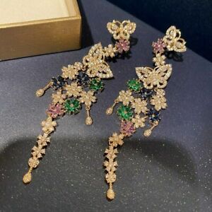 Colorful Butterfly Flowers Earrings Exaggerate Long Tassel Cubic Green Crystal