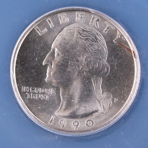 1990-P Washington Quarter ANACS MS64 Obverse Rim Burr 25c Cover