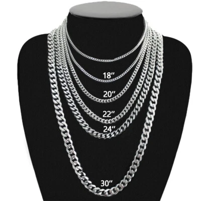 16-30" Stainless Steel Silver Chain Cuban Curb Womens Mens Necklace 3/5/7/9/11mm - Image 1 of 4