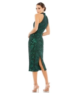 MAC DUGGAL SIZE 14 LATTICE SEQUINED HALTER MIDI DRESS EMERALD $398 - Picture 1 of 7