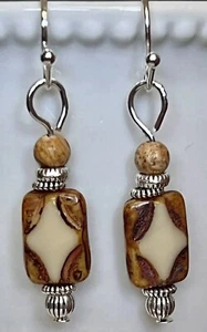 Little Silver with Etched Brown and Beige Bead Dangle Earrings. - Picture 1 of 3