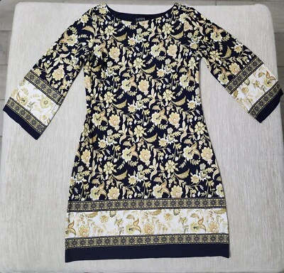 Vestido Midi EnFocus Studio Azul Marinho Dourado Floral Manga Longa Sino Bainha Tamanho 12 - Imagem 1 de 4