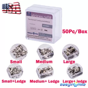 50 Pezzi Fasce Matrici Dentali Sezionali Sagomate Metal Matrix Fasce Morbide S/M/L US - Foto 1 di 18