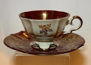 Alka Kunst Bavaria Tea Cup & Saucer Maroon Burgundy Floral Scroll 22K Gold Vtg - Picture 1 of 13