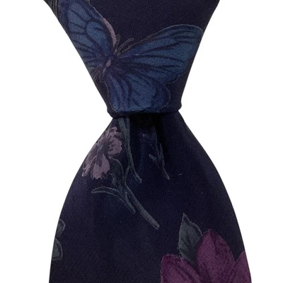 Men's Designer 100% Silk Skinny Necktie FLORAL BUTTERFLY Blue/Purple/Green EUC - Image 1 of 3
