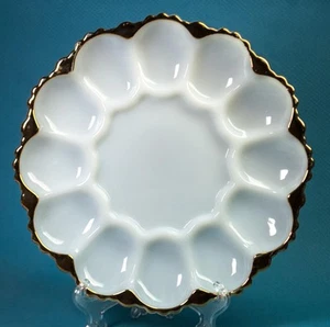 Anchor Hocking Milk Glass 10" Deviled Egg Plate Tray 22K Gold Trim MCM  #2 - Picture 1 of 5