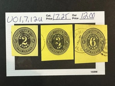 US Scott # UO 1, 7, 12  Used  Cut Square 2024 Scott Catalogue Value $ 17.25 - Image 1 of 3