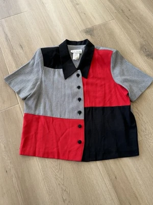 Blusa De Colección Miss Dorby Bloques de Color Botón Frontal Talla 12 Roja Negra Pata de Gallo Foto 1 de 4