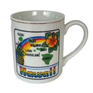 Vintage 70s 80s HAWAII RAINBOW MAP Gold Rim Mug HIBISCUS Flower Souvenir Kauai - Picture 1 of 10