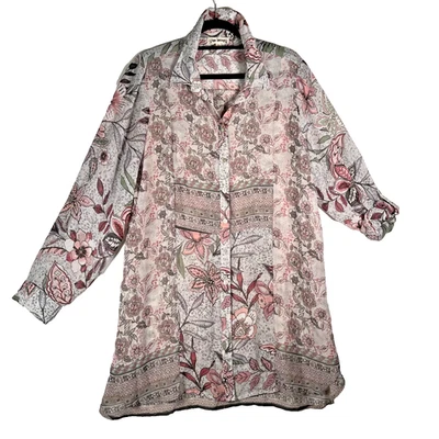 HOPE SPRINGS Mujer’s 2X (1X ?) Blusa túnica transparente con botones gris rosa B6 Foto 1 de 4