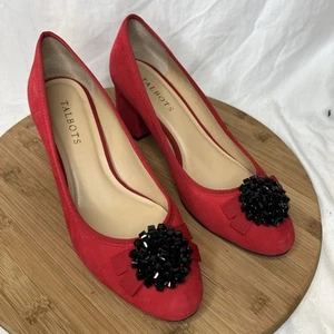 Talbots Isa Suede Block Heel Pumps Red Black Embellished Size 8.5 Med EUC - Picture 1 of 11