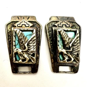 Cinturino orologio vintage firmato Navajo turchese argento sterling aquila turchese estremità - Foto 1 di 12