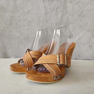 Bongo Platform Sandals Womens 8 Wood Chunky Heel Brown Leather Studs Buckle Y2K - Image 1 of 4