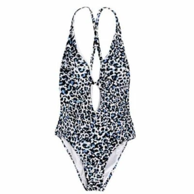 TRAJE DE BAÑO DE UNA PIEZA VICTORIA'S SECRET AZUL BLANCO NEGRO OCÉANO LEOPARDO V-PLUNGE XS Foto 1 de 4