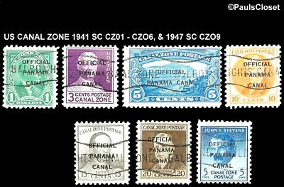 US CANEL ZONE 1941-7 SC CZO1-O6 & CZ09 OFFICIAL STAMPS USED F/VF - Image 1 of 2