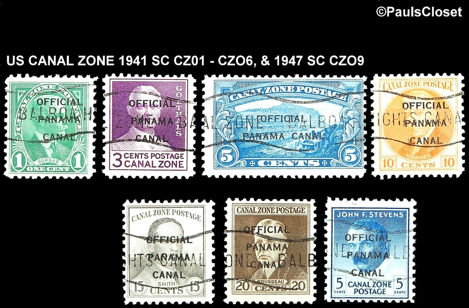 US CANEL ZONE 1941-7 SC CZO1-O6 & CZ09 OFFICIAL STAMPS USED F/VF - Image 1 of 2