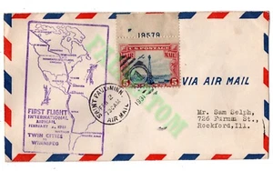 Correo Aéreo 1931 Primer Vuelo Internacional Ciudades Gemelas Winnipeg Cubierta FDC 5 Céntimos - Imagen 1 de 2