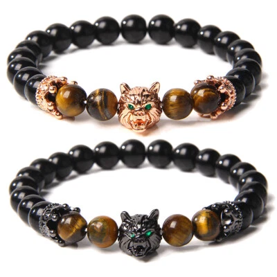 Men Wolf Sould Crown Bracelet 8mm Tiger Eye Reiki Black Wolf Sould Amulet Bangle - Image 1 of 4