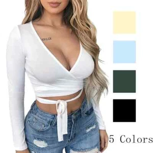 New Fashion Womens Solid V Neck Elegant Crop Tops Bodycon  Long Sleeve Tshirt. - Picture 1 of 26