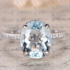 6.46Ct Oval Cut Natural Aquamarine & Diamond Wedding Ring 18K White Gold Plated - Picture 1 of 16