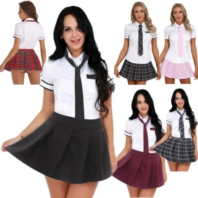 Sexy Women's Schoolgirl Uniform Shirt with Plaid Pleated Skirt and Tie Outfits - Image 1 of 4