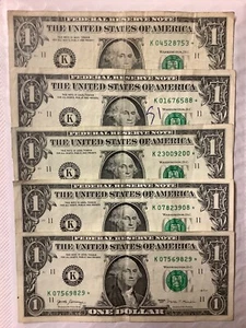 (Lot of 5) "K" District Star Notes One Dollar Bills ☆ Dallas TX Seal ☆ DC FW - Picture 1 of 3
