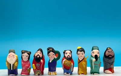 Set of 8 Vintage Chinese Miniature Clay Figure Hand Painted - Image 1 of 4