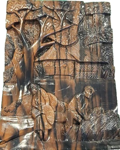 VTG Mahogany Wall Art 3D Sculpted Asian Rice Field Hand Carved Brown 16"Hx11.5"W - Picture 1 of 8