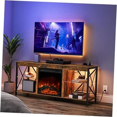  Fireplace TV Stand with Charging 55.1"L x 15.7"W x 23.6"H Rustic Brown + Black - Image 1 of 4