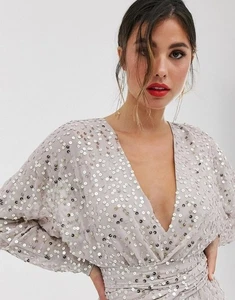 ASOS DESIGN Batwing Sleeve and Wrap Waist in Scatter Sequin Midi Dress - Size 16 - Picture 1 of 15