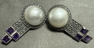 Pendientes Judith Jack Plata Esterlina Marcasita Perla Mabe Amatista Cascada - Imagen 1 de 5