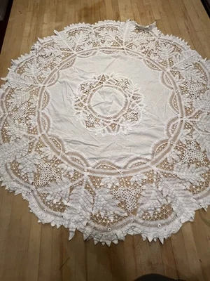 Vintage Battenburg Tape Lace Tablecloth 48” White Ivory Cotton - Image 1 of 2
