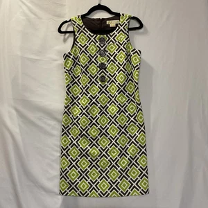 Abito tubino smanicato Michael Kors verde e marrone geometrico bottoni davanti taglia 4 - Foto 1 di 9