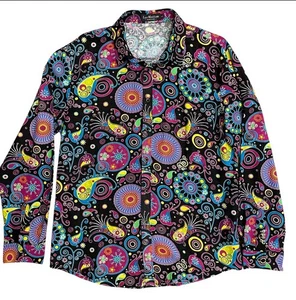 Luc Matton Black Paisley Multicolor Print Cotton Blend Colorful Button Up sz L  - Picture 1 of 10