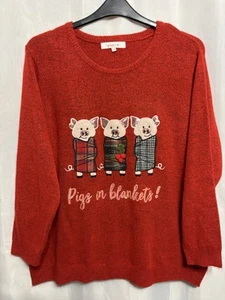 -950 Next Sz 26 Red Knit Fun Festive Cute Pigs In Tartan Blankets Xmas Jumper - Picture 1 of 3