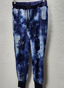Women's Joggers Tie Dye Ripped Track Sweatpants with Pockets, Blue/Black, Small - Picture 1 of 8