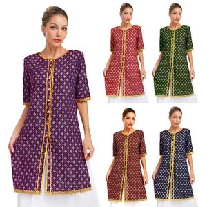Women Dance Tunic Half Sleeve Gold Trim Floral Print Sides Slit Button Tunic - Picture 1 of 60