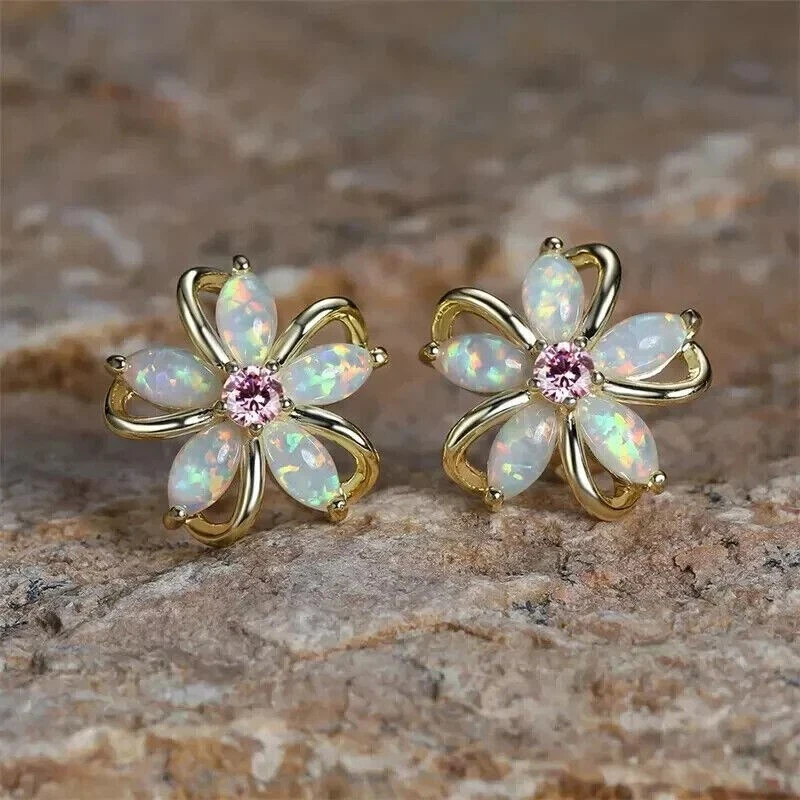 Marquise Cut Simulated Fire Opal Flower Stud Earrings In 14k Yellow Gold Plated - Image 1 of 4