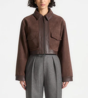 Women Brown Cropped Suede & Lambskin Leather Strip Pattern Zipper Jacket - Image 1 of 4