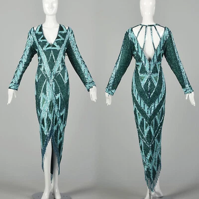 1980s Large Bob Mackie Beaded Gown Caged Back Hi Low Beaded Fringe Hem VTG 80s - Image 1 of 4