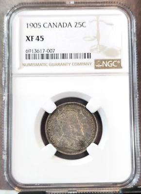 1905 CANADA SILVER 25 CENTS EDWARD VII SMALL CROWN NGC XF 45 SCARCE HIGH GRADE - Image 1 of 3