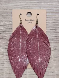 Handmade GENUINE Leather Feather Earrings Burgandy Sparkle 3" - Picture 1 of 2