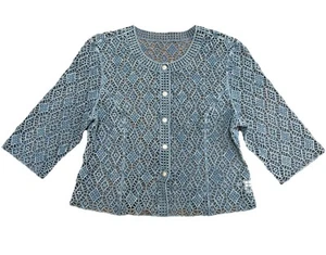 LAFEI NIER Jean Denim Women's Blue Crochet Lace Zip Up Top Size XL Rhinestones - Picture 1 of 8