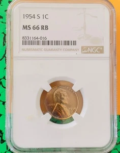 1954S Lincoln 1c - NGC MS66 RB, This Coin Has Some Beautiful Toning - Picture 1 of 2