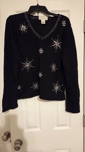 Suéter Pullover Vintage Susan Bristol Negro Cuentas Largo Slv Vacaciones Cuello en V Largo - Imagen 1 de 6