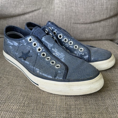 Scarpe sneakers donna Converse One Star basse blu con paillettes taglia 9 5 senza lacci