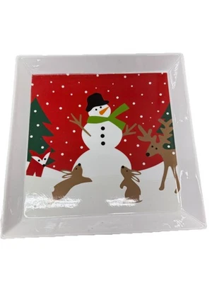 Crate & Barrel Snowman Platter 12" Square Christmas Tree Serving Tray Plate New - Image 1 of 3